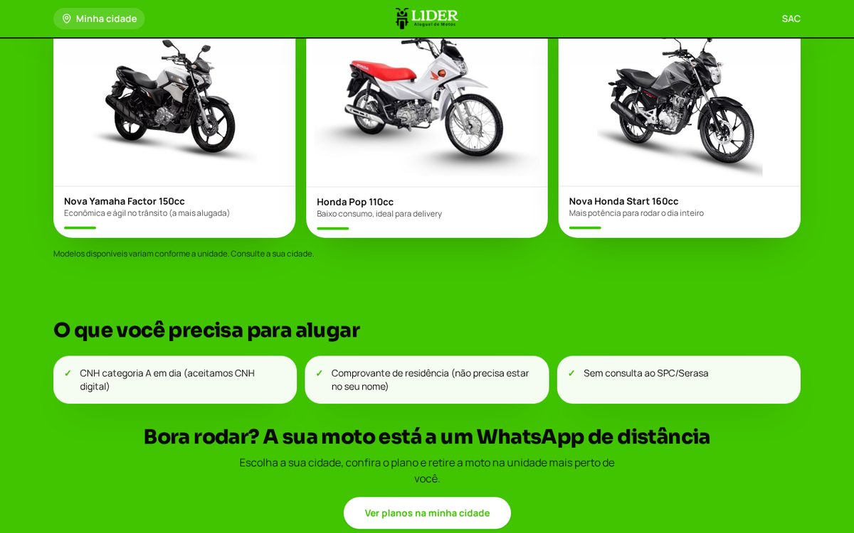Líder Locadora — Seções institucionais da página de franquia